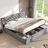 Moimhear Doppelbett 180 x 200cm, Polsterbett, Hydraulisches Funktionsbett, Samt, Continentalbett, Kristall Schnalle, Höhenverstellbares Kopfteil, Grau (180x200cm)