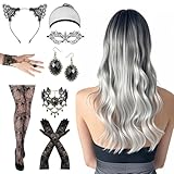 Lvefyti 11 Stück Perücke Halloween Damen, Cosplay Kostüm Set mit Ombre Silber Grau Lang Lockig Perücke Halskette Ohrring Handschuhe für Cosplay Mottoparty