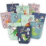 adventskalender zum Befüllen, 24 Weihnachtskalender Geschenk Papiertüten Groß zum Selber Befüllen,Motiv Farbenfroher Dinosaurier,Kraftpapiertüten Advents Tüten Selbstbefüllen für Kinder & Erwachsene