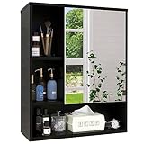 SMIBUY Badezimmerschrank mit Spiegel an der Wand montiert, Bambus-Aufbewahrungs-Organizer über der Toilette, platzsparender Medizinschrank mit 2 Türen und verstellbaren Einlegeböden (Schwarz)