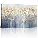 FajerminArt Mit Rahmen Blüte Baum Leinwand Bilder, Abstrakt Grau Gold Geblümt Bild auf Leinwand Bild Kunstdruck, Modern Wandbilder XXL Deko für Wohnzimmer Schlafzimmer fertig zum Aufhängen 90x60cm