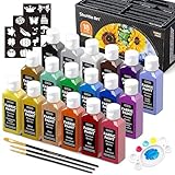 Shuttle Art Textilfarbe waschmaschinenfest, 18 waschfeste Stoffmalfarben (je 60ml) in Flaschen mit Pinseln, Vorlagen, wasserfeste Stofffarben für Kinder auf T-Shirt, Schuhe, Jeans, Tasche, Kleidung