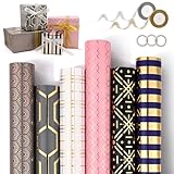 MOOKLIN ROAM Geschenkpapierpapierrolle 300 x 43cm, 6 Rollen Aktualisiert Geschenkpapier Set mit 2 Bänder und 3 Klebeband, Golddruck Kraftpapier Wrapping Paper für Geburtstag Hochzeit Taufe Party