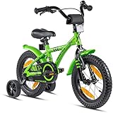 Prometheus Kinderfahrrad 14 Zoll Jungen mit Stützräder ab 3-4 Jahre Mädchen Rücktritt 14zoll BMX Modell in Grün Schwarz