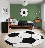 the carpet Beat Kids Weicher Kuscheliger Kinderteppich, Pflegeleicht, Farbecht, Fussball Motiv, Schwarz-Creme, 200 cm Rund