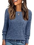 Cicy Bell Damen Langarmshirt Leichte Strickpullover Henley Shirt Dressy Casual Rundhals Sweatshirt Loose Fit Tunika Tops,Blau,M