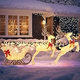 GYMAX LED Rentier mit Schlitten, 3-teiliges beleuchtete Weihnachtsrentier mit 255 warmweißen Lichtern & 12 Bodenspikes, wasserdicht frostfest, groß Weiß Weihnachtsdekoration für Garten, Außen
