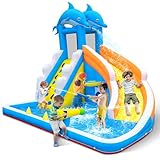 Aufblasbare Wasserrutsche, 5-in-1 Delfin, aufblasbares Hüpfhaus für Kinder, Kletterwand, Spritzwasser, Wasserkanone, Basketballfelge, 480 W Gebläse, für drinnen und draußen, Hinterhof,
