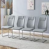 HAINEW Freischwinger Schwingstuhl 4er Set mit Rückenlehne und Metallbeine, Küchenstuhl Esszimmerstühle Polsterstuhl aus Metall & Kunstleder für Esszimmer, Wohnzimmer Küche, 48×41×97cm (Hellgrau)