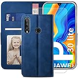 YATWIN Handyhülle für Huawei P30 LITE Hülle +1 Stück Panzerglas Schutzfolie, Klapphülle Huawei P30 LITE Premium Leder Brieftasche Schutzhülle [Kartenfach][Stand] Handytasche Case, Blau