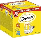 Dreamies Katzensnacks mit Huhn–, Käse– und Lachsgeschmack, 12x60g (1 Variety Snack Box) – Außen knusprige & innen cremige Katzenleckerlis in verschiedenen Geschmacksrichtungen