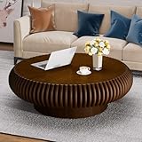 RZTPYS Moderner Trommel-Couchtisch, Runder Holztisch (80 cm) Mit Geriffelter Oberfläche, Kreisrunder Akzenttisch Für Wohnzimmer, Wohnung, Büro, Kleine Räume, Einfache Montage,Walnut
