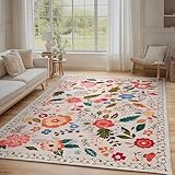 Puremy Waschbarer Wohnzimmerteppich, Vintage Blumenmuster Niedriger Flor Teppich, rutschfest, Weiche, Groß Teppiche für Wohnzimmer Schlafzimmer Bauernhaus Esszimmer und Kinderzimer, 140x200cm, Beige