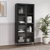 [en.casa] Vitrinenschrank Säkylä Bücherschrank mit 4 Ablagen 180 x 80 x 35 cm Küchenschrank mit 2 Türen Mehrzweckschrank Vitrine Metallschrank Schwarz