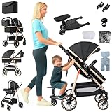 Oubeauou Baby Travel System 3 in 1 mit Anti-Shake Stubenwagen, Cabrio Kinderwagen und Babywanne, Hochsicht, Stoßdämpfung, Aluminiumrahmen, für Geburt bis 36 Monate (Schwarz Gold + Kiddy Boards)
