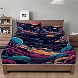 Spannbettlaken 120x200cm Galaxis Spannbetttuch Planet Bettlaken Boxspringbett mit Gummizug Spannbettuch Mikrofaser für Matratzen von 30 cm Mit 2 Kissenbezüge 80x80 cm