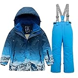 WOWULOVELY Big Boy's 2-teilige Colorblock-Schneehose und -jacke, Schneeanzug, Skianzug, wasserdicht, winddicht, bunt, Unisex (10, 84 Blau)