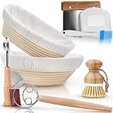 Paulson & Svenson® [2 Stück] Gärkörbchen zum Brotbacken Set inkl. Zubehör - aus 100% natürlichem Rattan inkl. Schneebesen, Teigschaber, Leinentuch, Pinsel & Bäckermesser
