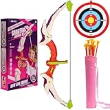 Beleuchtetes Bogenschießset für Kinder, Pfeil und Bogen Spielzeug Set mit LED-Leuchten für Kinder von 4-12 Jahren, 10 Saugnapfpfeilen, Zielscheibe und Köcher für Jungen und Mädchen (Pink)