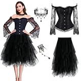 YeahBoom Korsett Damen Set, Gothic Vintage Corset Top Pirat Kostüm mit Schulter Ärmel, Corsage Schwarz mit Tüll Rock,Gotisch Halskette Armbänder, Gothic Taille Korset, für Damen Karneval Cosplay