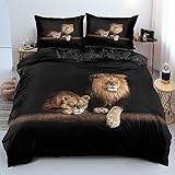 DXHOME Bettwäsche Tiermotiv 3D Leopard Schwarz Bettwäsche 135x200 Löwe Lion Atmungsaktiv Weich Mikrofaser Wendebettwäsche Bettbezug mit Reißverschluss + 1 Kissenbezug 80x80 cm