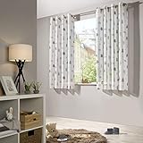 heimtexland ® Vorhang Kindergardine Leinen Optik Natur Grau Skandinavisch Wald Bär Gardine transparent Kinderzimmer Ösenschal Ökotex Typ563 Weiß mit Ösen I HxB 145x135 cm