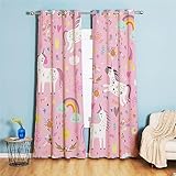 Koudi Kinder Rosa Vorhänge Einhorn Sterne Gardinen mit Ösen für Mädchenzimmer, Kinderzimmer, Babyzimmer 160 × 107cm (H × B)
