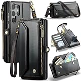 Schutzhülle für iPhone 7 Plus/iPhone 8 Plus, Leder, mit Reißverschluss, abnehmbarer Handschlaufe und Schultergurt, Schwarz