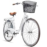 Bergsteiger Paris 28 Zoll Damenfahrrad, ab 160 cm, Korb, Fahrrad-Licht, 6 Gang-Schaltung, Damen-Citybike, Damenrad im Retro-Design