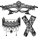 JewelryWe Schmuck 4 PCS Maske Halskette Handschuhe Set Schwarz Sexy Venezianische Spitze Augenmaske Choker Kette Halsband Fingerhandschuhe Damen Maskerade Kostüm für Halloween Karneval Party Cosplay
