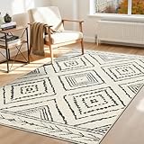 DEFYNEE Teppich Wohnzimmer 90x150 cm Eingangsteppich, Waschbarer Teppich Läufer, Kurzflor (Florhöhe ca. 5,88 mm), rutschfest, Vintage & Boho Rug für Hund, Flur, Küche, Korridor, Marineweiß/Schwarz