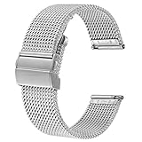 BISONSTRAP Metall Uhrenarmband, Faltschließe, 316L Edelstahl Mesh Armband, Schnellverschluss Ersatzarmband für Damen und Herren, 20mm, Silber