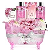BODY & EARTH 8 tlg. Spa Geschenkset Frauen, Kirschblüten und Jasmin Duft, Schaumbad, Duschgel, Badesalz, Haarseife, Bodylotion, Geburtstagsgeschenk für Frauen, Geschenke für Frauen, Mama, Freundin
