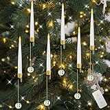 Weihnachtsbaum Lichterkette LED Kerzen mit Fernbedienung und Timer, 6er LED Weihnachtsdeko Hängend Stabkerzen Kabellos mit Kristall Kugel, Weihnachtsbaumschmuck Flammenlose LED Kerzen
