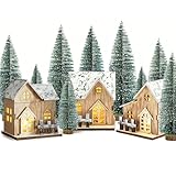 LUKIUP 3 Nackt Weihnachtsdorf mit 9 Sückt-10/15/20 cm Mini Weihnachtsbäume, Weihnachtshaus Beleuchtet, Weihnachtsdeko Holz LED, Weihnachtshaus Deko, Weihnachten