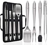 POLIGO 5PCS Hochwertiges Grillbesteck Set Extra dick Edelstahl mit Tragetasche, Grillzange, Grillwender, Fleischgabel und Backpinsel, Männer am Geburtstag, Weihnachten