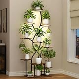 taonganui 10 Ebenen Pflanzenständer mit Wachstumslicht, 161.5cm Blumenregal aus Metall und Holz, Großes Schwarz Pflanzenregal Blumentreppe für Innen & Außen, Wohnzimmer, Garten, Balkon Dekorativ