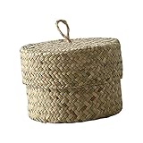 perfk Runder Seegras-Aufbewahrungskorb mit Deckel, Seegras-Organizer, Snack-Aufbewahrungsbox, Haushaltsbehälter, Süßigkeitenbox für Wohnzimmer, Hochzeit,