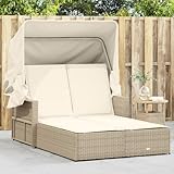 Nqyjm Sonnenliege mit Rückenlehne, verstellbar in 2 Positionen, Doppelliege mit Sonnendach und Kissen, Beige, Polyrattan, Strandliege, Outdoor, für Garten, Terrasse, Balkon, Modell 1