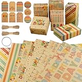 Zindoo Geschenkpapier Geburtstag, 6 Blatt 50x70cm Fröhlichen und Ansprechenden Designs Geschenkpapier mit 9 Beschriftbarer Geschenkanhänger und 20 m Strohseil- Perfekt für Frau, Mann oder Kinder