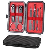 URAQT Maniküre Set, 7 Stücke Pediküre Nagelset Nageletui Nagel Schere Set, Nagelknipser Etui aus Edelstahl mit Ledertasche, Nagelpflege Pflege Werkzeuge für Damen & Herren (Schwarz - innen rot)