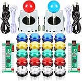 EG STARTS Arcade Classic DIY Kit Teile 2x USB-LED-Encoder zu PC Konsolen Spiele + 2x 4/8 Wege Joystick + 20x 5V beleuchtete Tasten für Mame Jamma (rot / blau Stick + MIX Farbtasten)