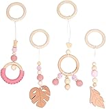 Gohytal Spielbogen Anhänger Holz, Spielbogen Baby Anhänger ab 0 Monate, 4 Stück Spielbogen Baby für Mädchen Jungen, Spielebogen Baby Gym Anhänger Holz für Babyschale Kinderwagen Autositz Spielzeug