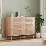LKPOMI Kommode mit 5/6 Schubladen, Natürliches Rattan Kommode Schlafzimmer, Boho Schrank Kinderzimmer, Holz Schubladenkommode für Schlafzimmer Wohnzimmer (100 x 34 x 73 cm)
