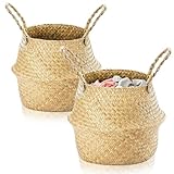 Exquilnova 2 Stück Seegras Korb, Rund Wäschekorb mit Henkel, Gewebt Körbchen Übertopf Bastkorb, Blumentopf Körbe Bauchkorb Rattankorb Aufbewahrungskorb für Decken Pflanze Spielzeug (S: 24x20cm)