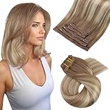 Moresoo Clip in Extensions Echthaar, Salon Qualität Weiches Glattes Haar 35 cm 5 Stück 80g Extensions Clip in #8/22/8 Braun bis Hellbraun mit Platinblond, Leicht zu Tragen Solide und Langlebig