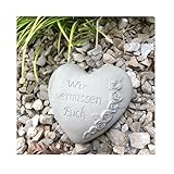 Radami Grabherz Gedenkstein - Wir vermissen Euch - Grabschmuck Grabdeko Trauerherz 10cm, Handarbeit Natur -grau