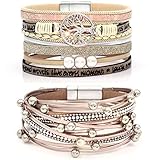 Suyi Mehrschichtiges Lederarmband-Set 2 Stück Perlen Wickelarmband Armbänder Mit Handgelenksmanschette Und Magnetschnalle Für Frauen Rosegold