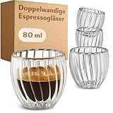 Cosumy Espressotassen Set Glas Doppelwandig - 4er 80ml - Hitze Isolierend, Schützt deine Hände - Schwebeeffekt - Geriffeltes Design - Hitzebeständig - Spülmaschinenfest