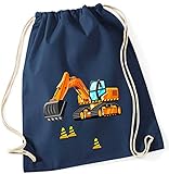 minimutz Turnbeutel für Jungen | Motiv Bagger & Baustelle | Stoffbeutel aus Baumwolle zum Zuziehen für Kinder | Zuziehrucksack mit Kordel (dunkelblau)
